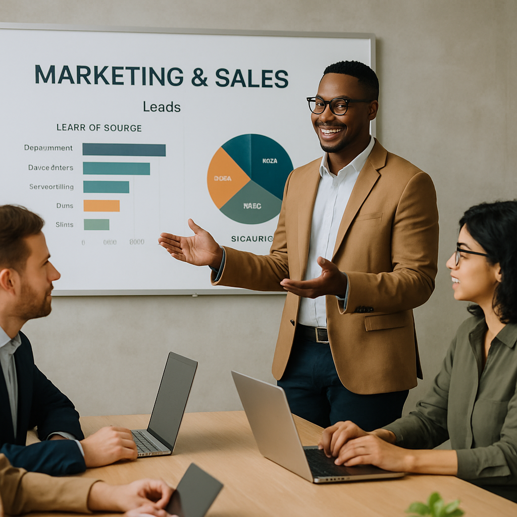 A imagem retrata uma reunio entre os times de marketing e vendas onde eles esto conversando sobre os leads gerados pelo time de marketing Eles esto av