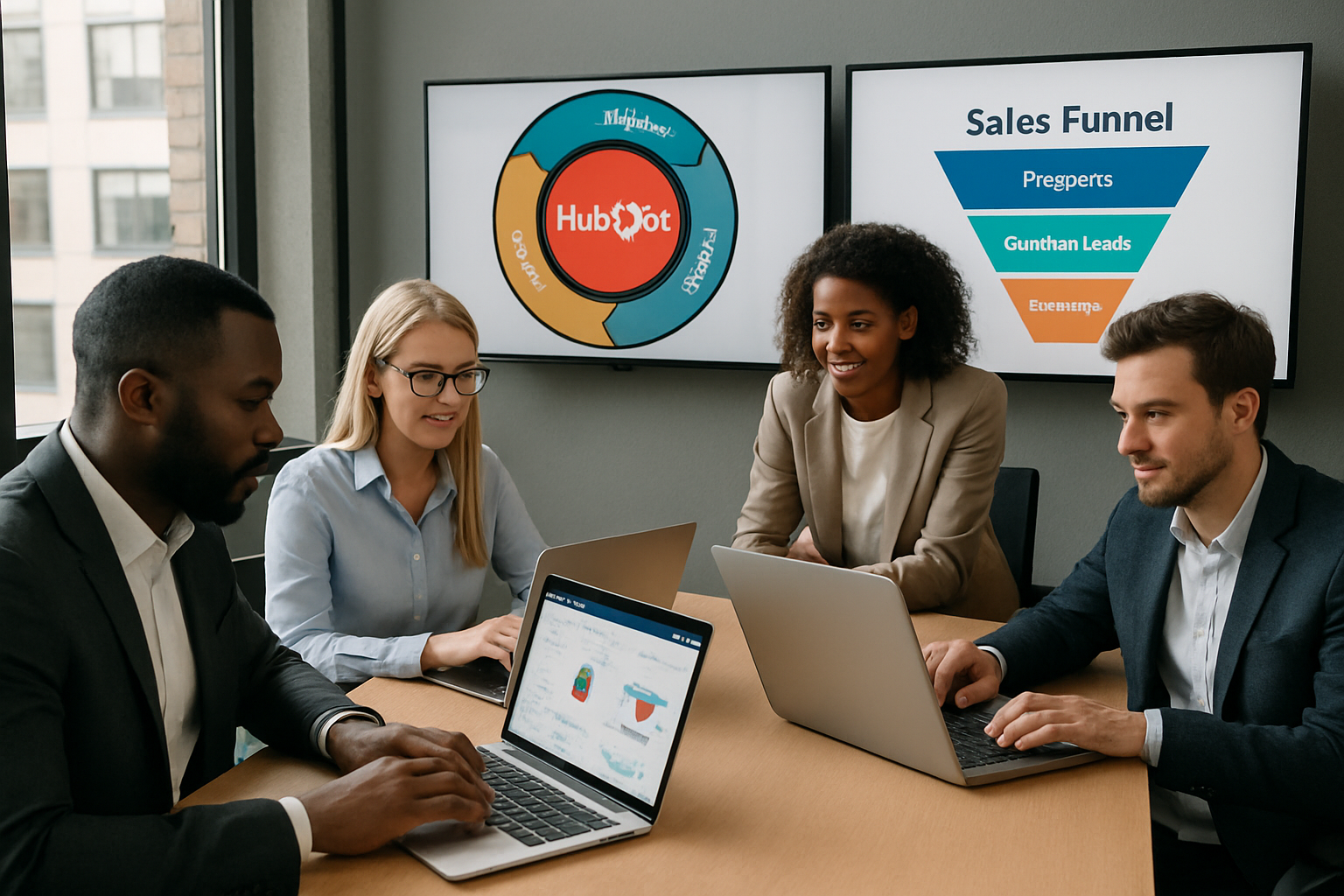 Fotografa corporativa realista en oficina moderna Un grupo diverso de profesionales revisa laptops y dashboards en HubSpot CRM En una pantalla grande se ve un diagrama de flywheel girando mientras otra pantalla muestra un embudo de ventas tradicional