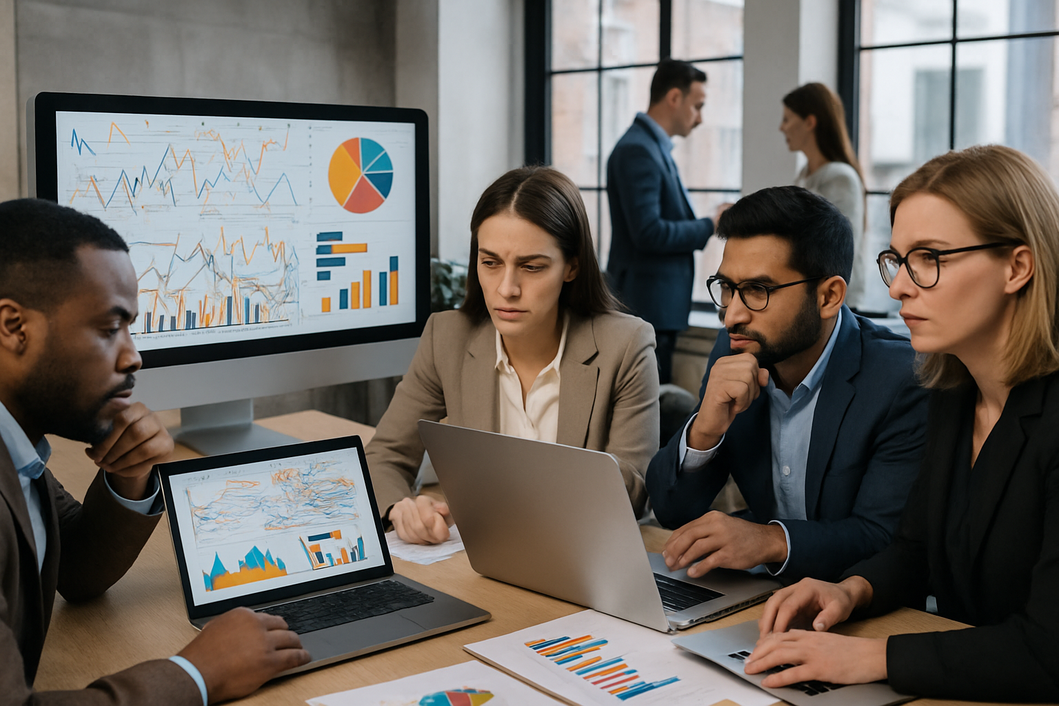 Fotografa profesional en oficina moderna Un equipo diverso revisa pantallas con dashboards laptops y grficos desordenados que muestran datos inconsistentes En segundo plano otro grupo analiza grficos limpios que ilustran datos alineados Ambiente de t
