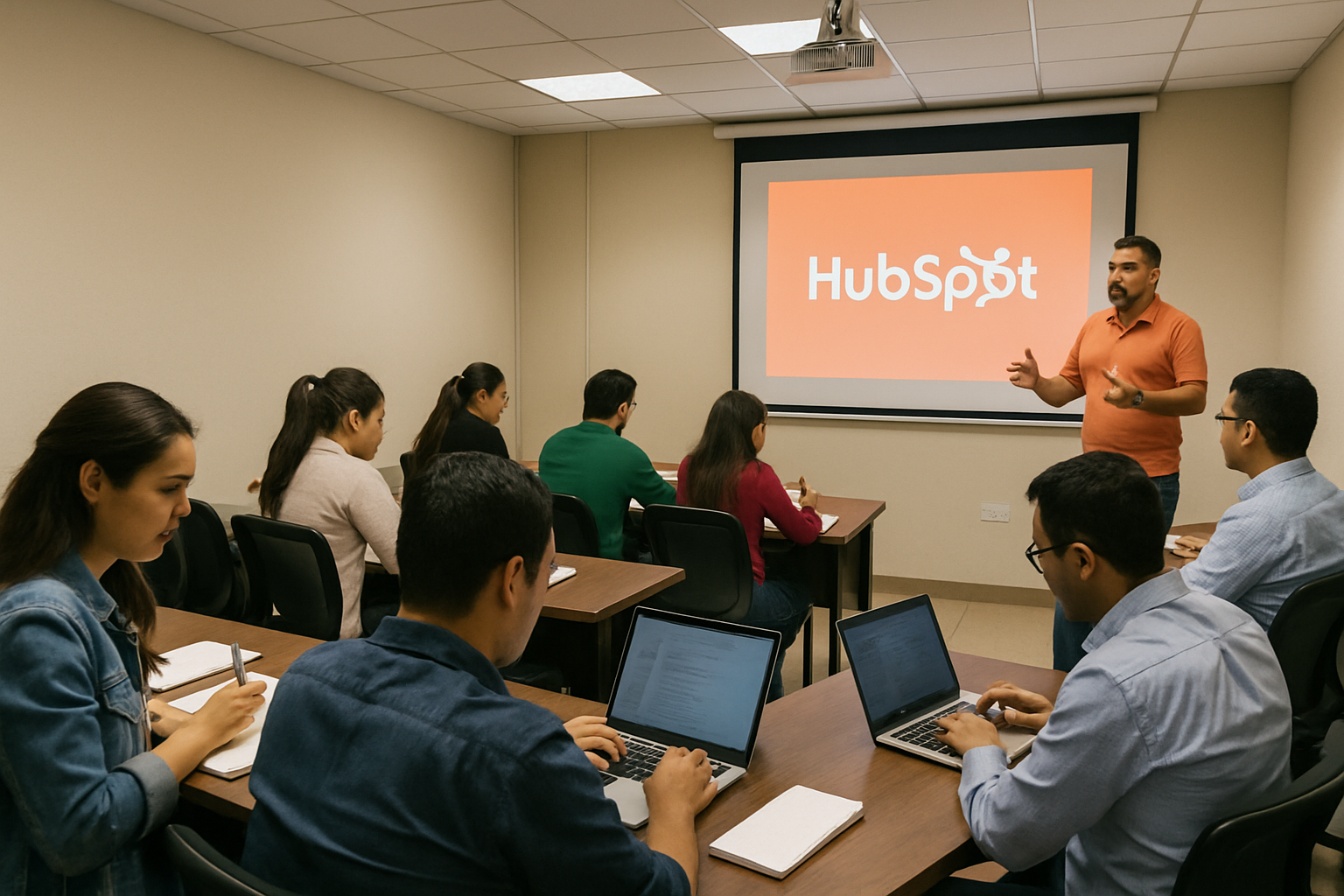 Fotografa realista de una sala de capacitacin en Latinoamrica durante un workshop de HubSpot Un instructor explica con proyector mientras empleados toman notas en cuadernos y laptops Ambiente de aprendizaje colaboracin y enfoque prctico en la impleme