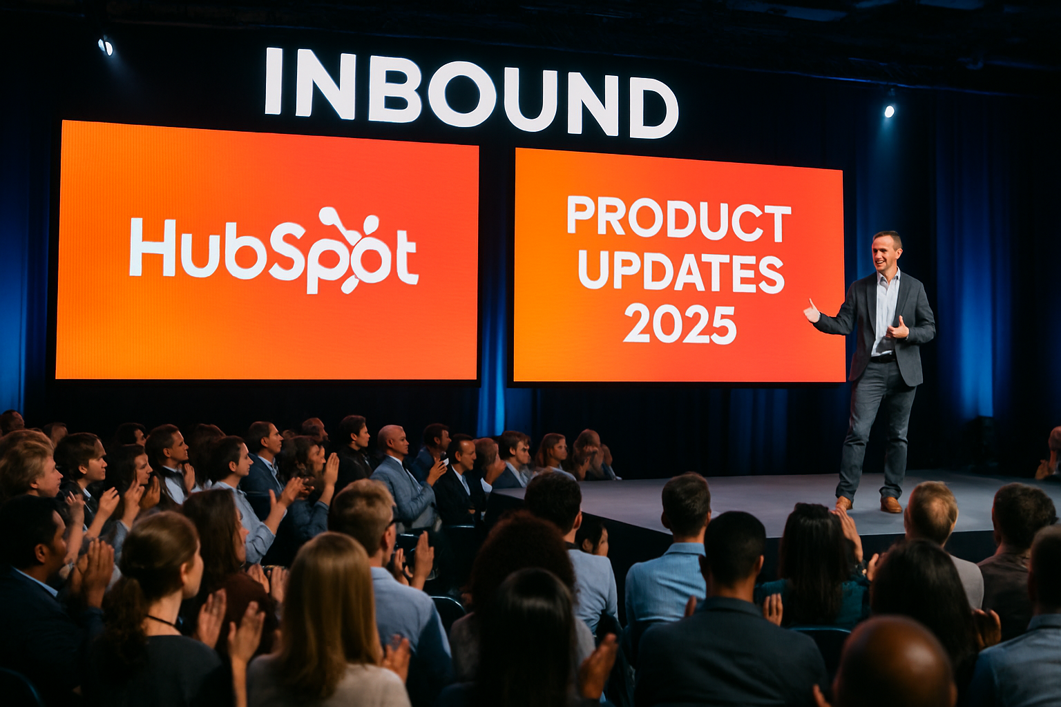 Fotografa realista del evento INBOUND 2025 Escenario iluminado con pantallas LED gigantes mostrando el logo de HubSpot y las palabras Product Updates 2025 Un pblico diverso de profesionales de negocios aplaude mientras un presentador anuncia las nove-1