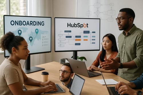 Imagen de oficina con equipo frente a pantallas: una muestra tareas desordenadas de onboarding y otra flujos bien estructurados de HubSpot, simbolizando la transición hacia un onboarding eficiente.