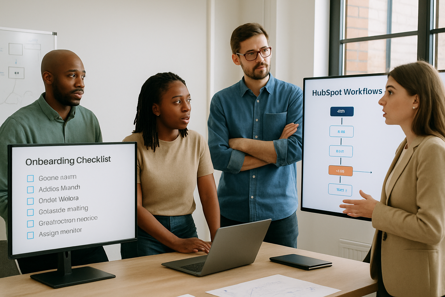 Realistic modern office photo A diverse team stands around visuals one screen shows scattered onboarding checklists and tasks another displays clean wellstructured HubSpot workflows Laptops whiteboards with diagrams collaborative energy and natural l-1