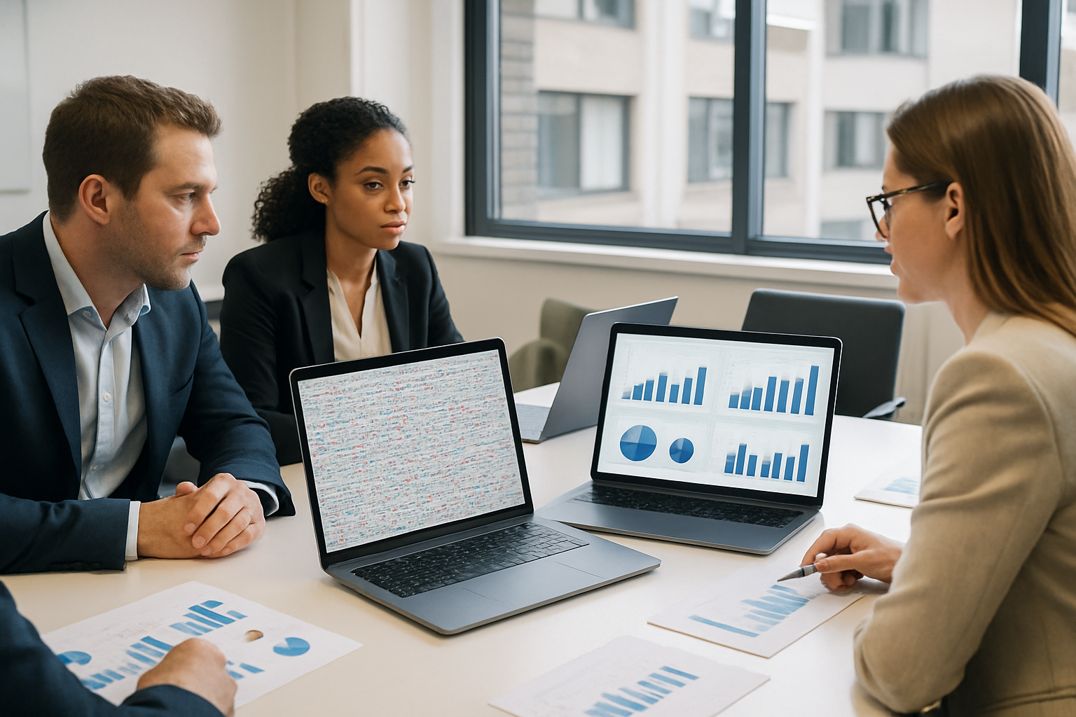 Realistic office photo A business team sits at a large table reviewing dashboards Some screens show messy inconsistent data others display clean aligned charts The contrast symbolizes the difference between disorganized and structured data Bright mod