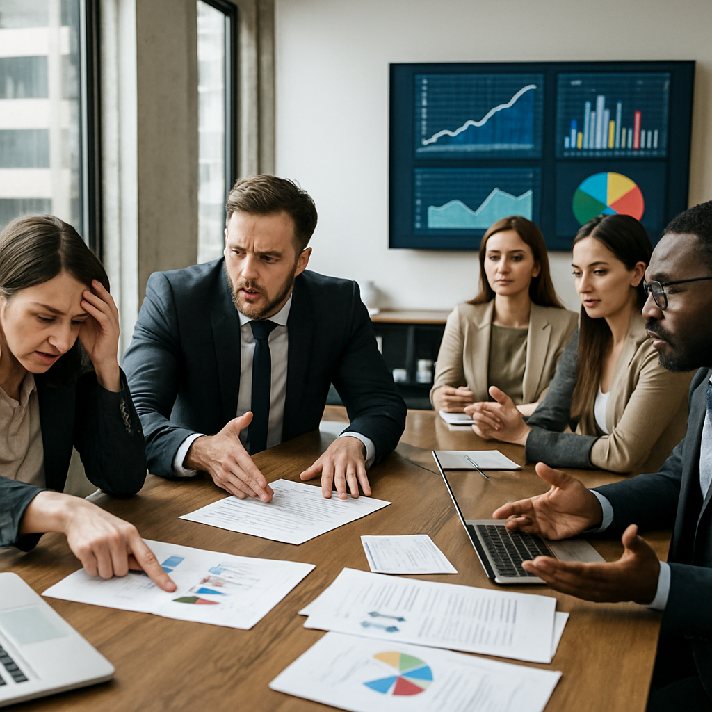 Realistic office photography style A modern corporate office with diverse professionals men and women different ethnicities in a meeting Two groups of employees are sitting at a large table one group looks frustrated and stressed pointing at charts a