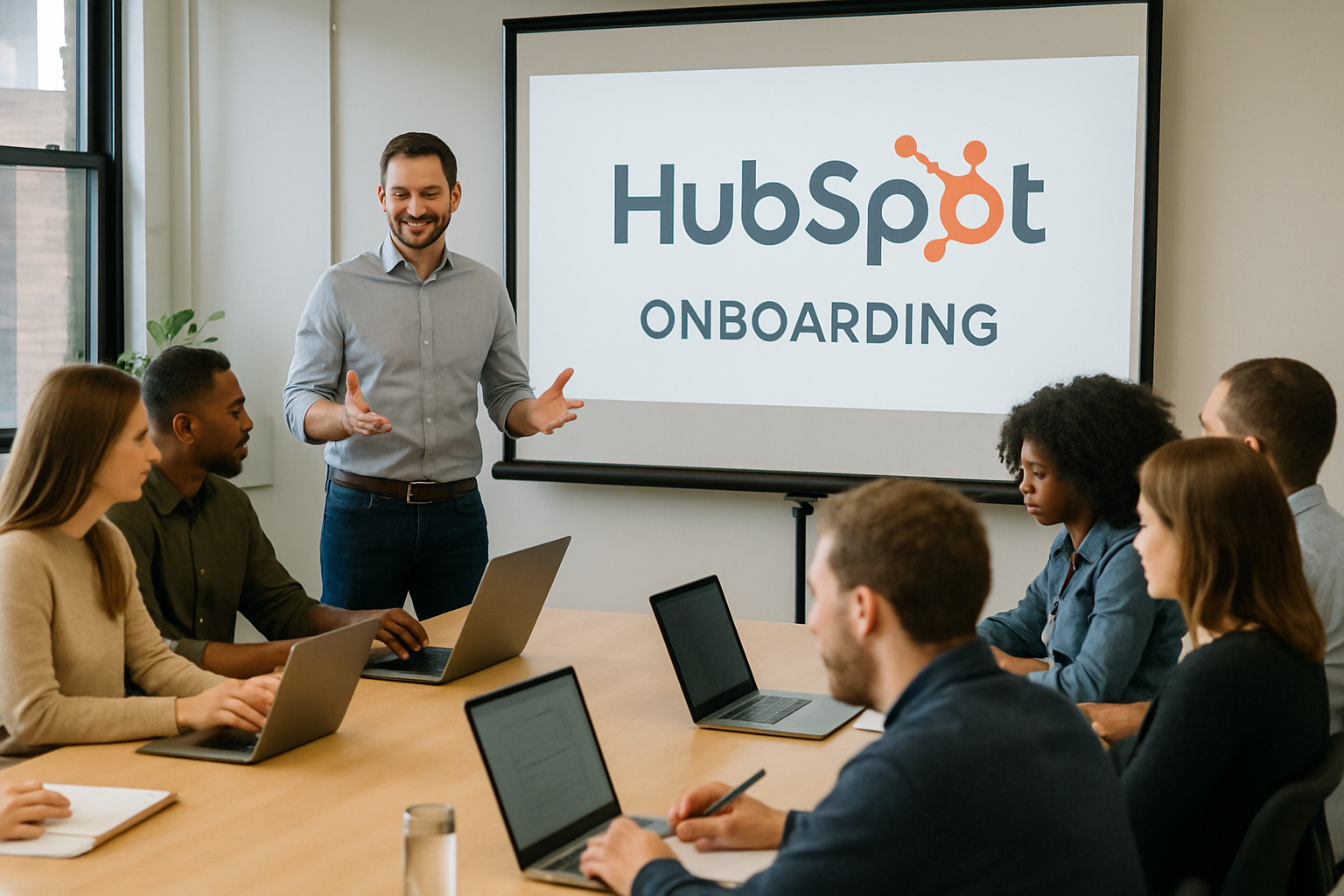 Realistic photo of a corporate training workshop in the US for HubSpot onboarding A facilitator leads a session with a projector while employees take notes on laptops and notebooks Bright collaborative atmosphere focused on learning and implementatio-1