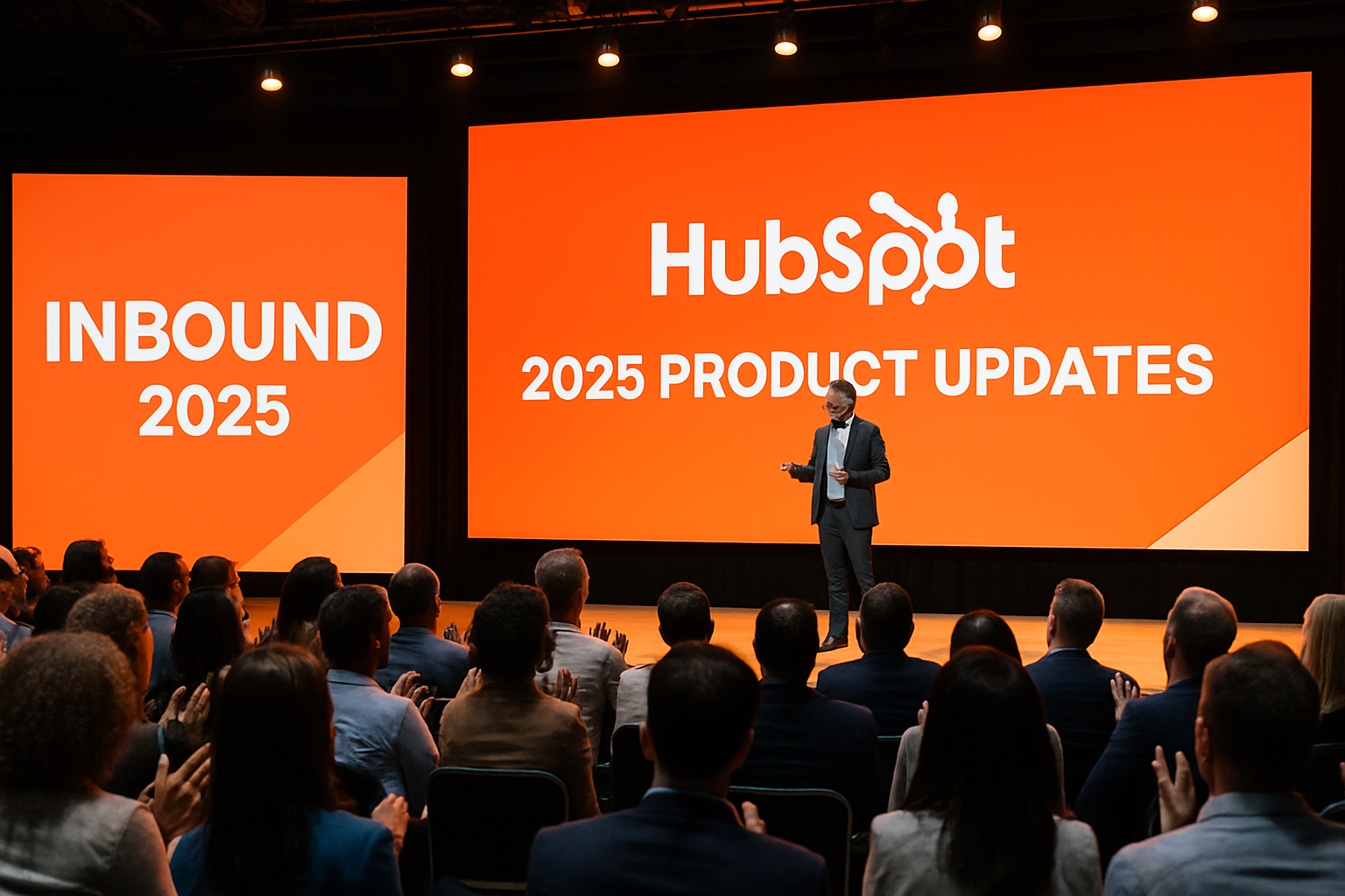 Realistic photo of the INBOUND 2025 event A brightly lit stage with giant LED screens displaying the HubSpot logo and 2025 Product Updates A diverse audience of business professionals applauds as a presenter introduces new features Modern vibrant tec-1
