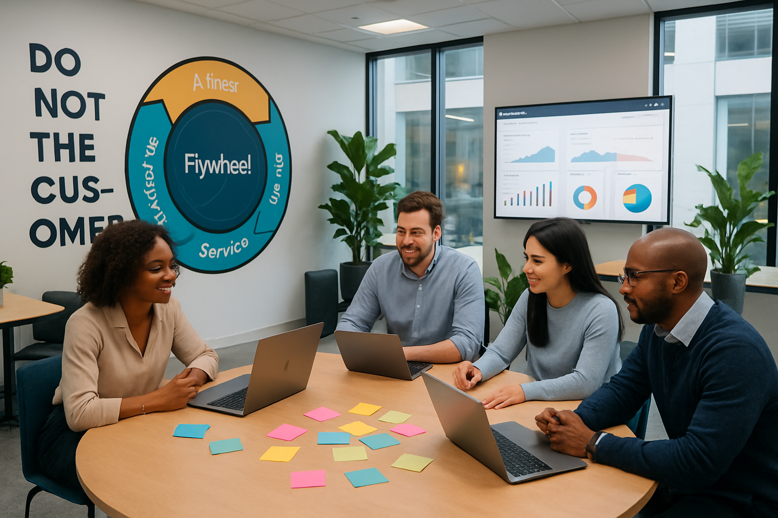 The image depicts a sleek modern office environment filled with collaborative spaces In the foreground a diverse group of professionals are engaged in a brainstorming session around a large round table with laptops open and colorful sticky notes scat