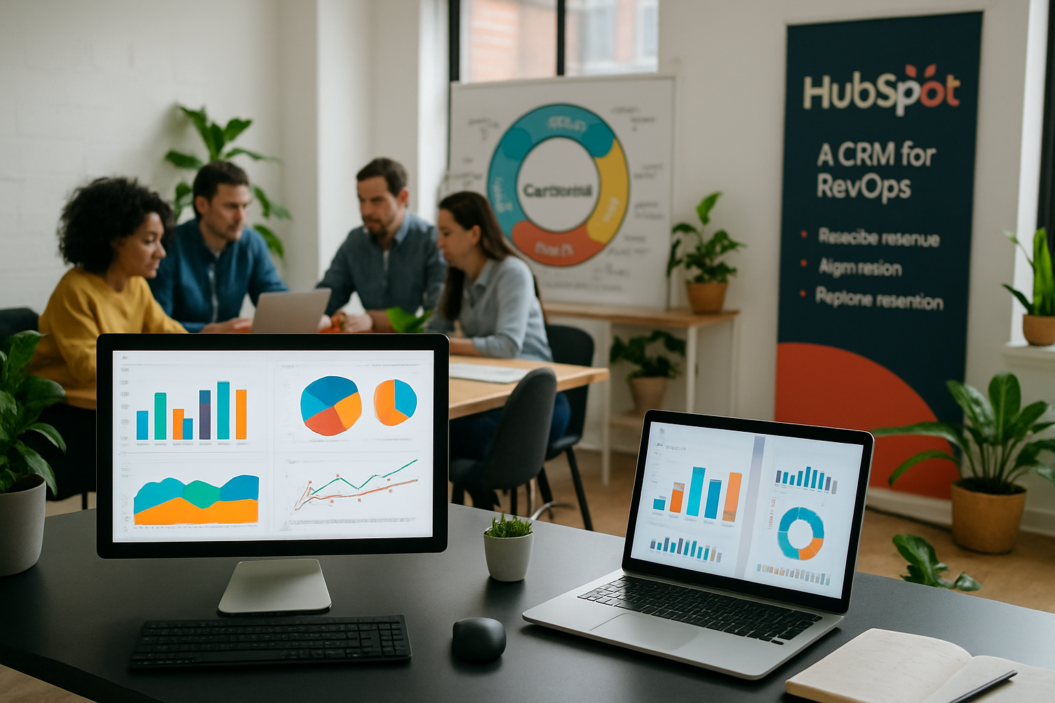 The image features a sleek modern workspace with multiple screens displaying colorful graphs and charts reflecting data analytics In the background a diverse team of professionals collaborates around a large table engaged in discussion with laptops o-3