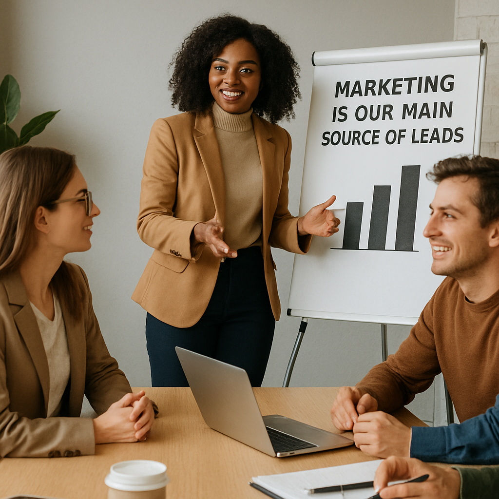 a marketing team is talking about how are they main source of lead They are inn a room and A clack woman is stand making a presentation-1