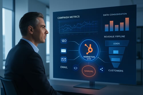 CMO consultivo em um escritório moderno, olhando para um painel holográfico que exibe métricas de campanha, unificação de ferramentas digitais e o pipeline de receita. A imagem ilustra a visão 360º proporcionada pelo HubSpot Marketing Studio.