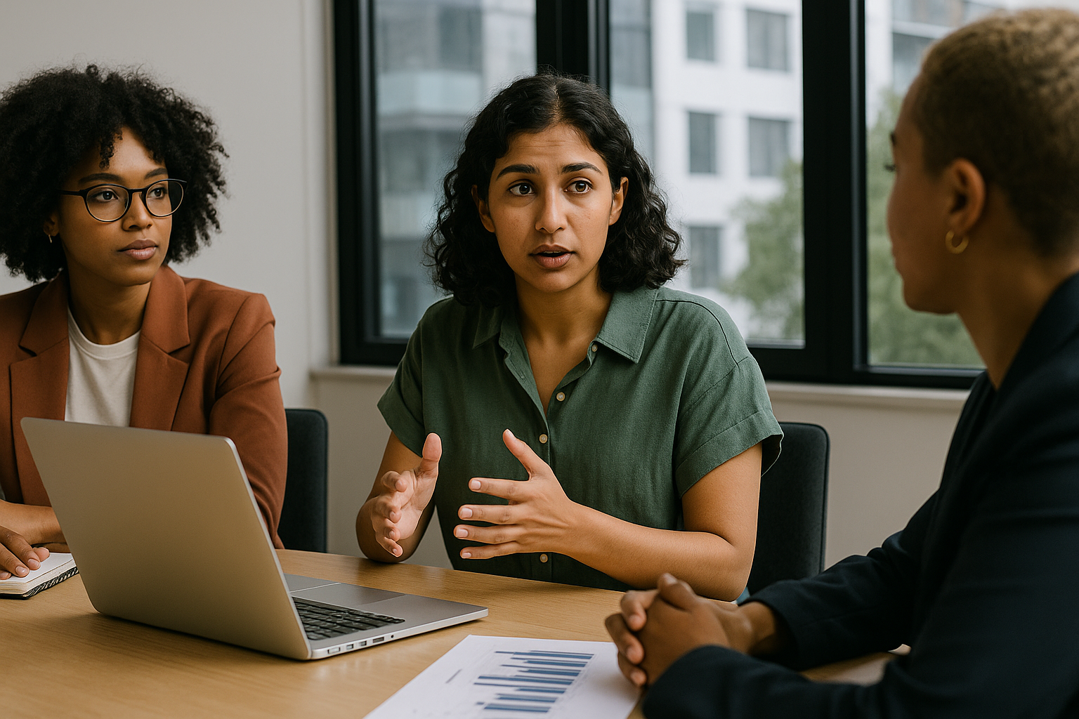 Três profissionais diversos em reunião corporativa analisando dados e relatórios de CRM, discutindo auditoria e otimização de processos no HubSpot para melhorar vendas e marketing B2B